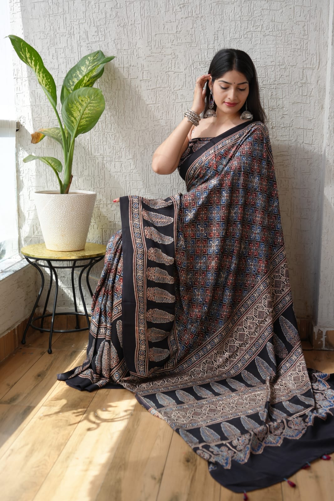 Black Ajrakh Handblock Printed Modal Silk Saree with Big Border Traditional Print – Wholesale Manufacturer India